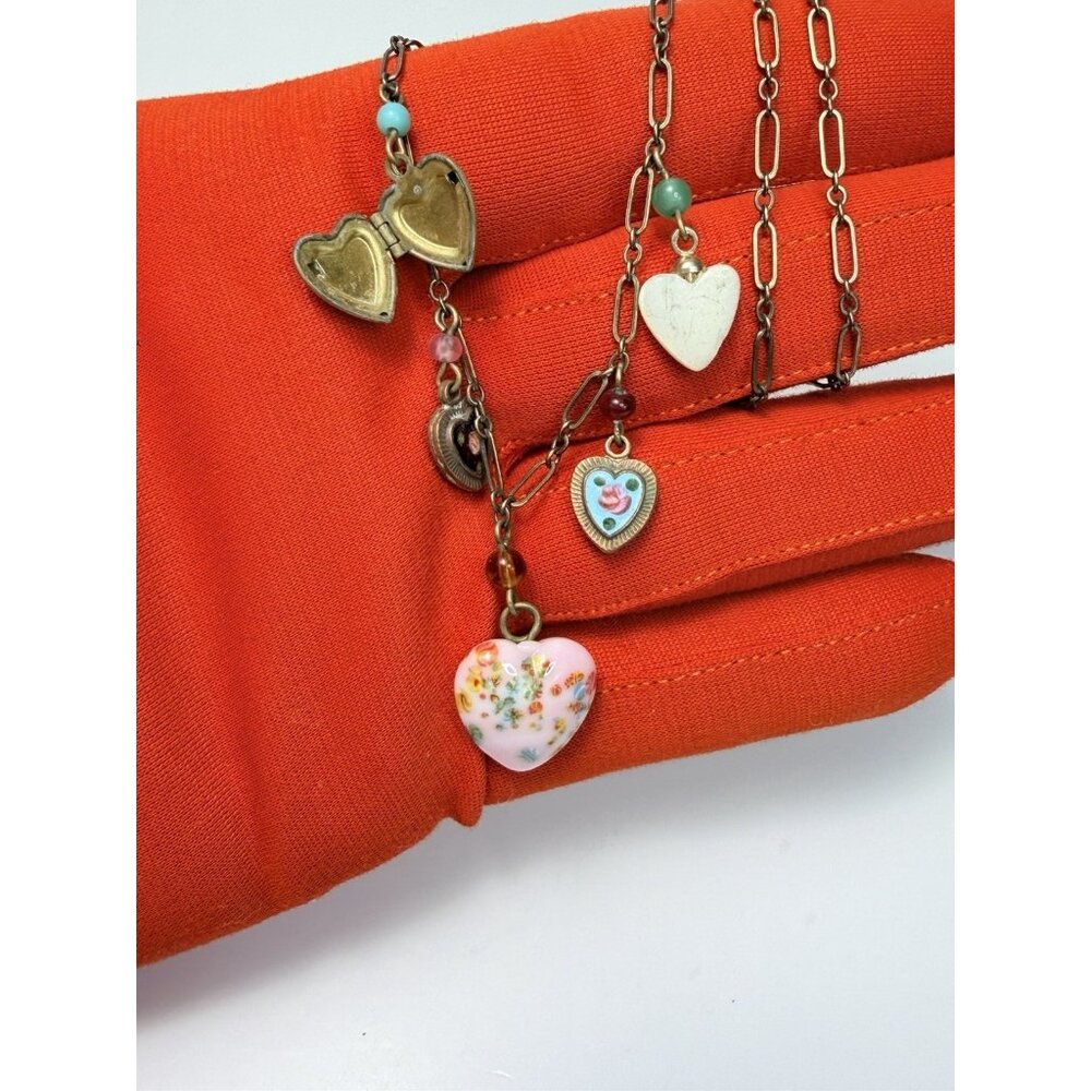 Vintage Romantic Heart Charm Necklace Brass Gold Tone Victorian Revival Pretty
